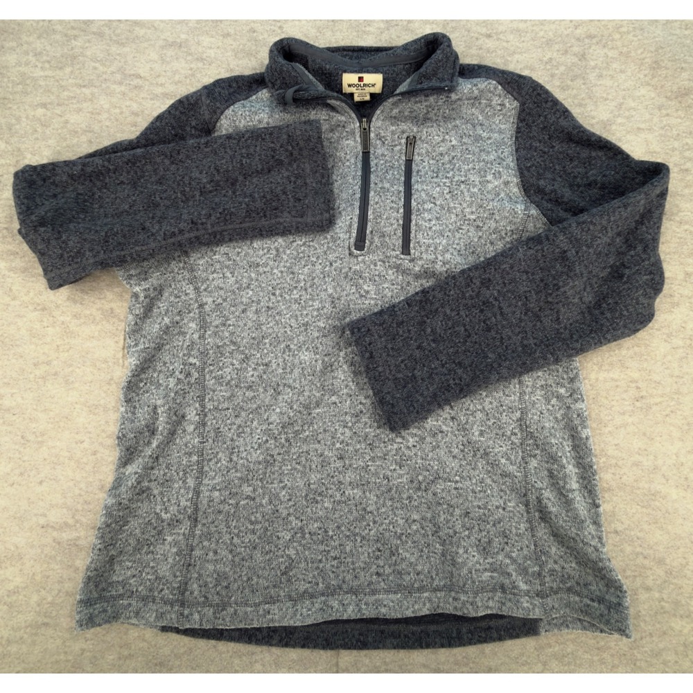 Woolrich Mens Large Gray Marled Quarter Zip Fleece Pullover Sweater Chest Pocket